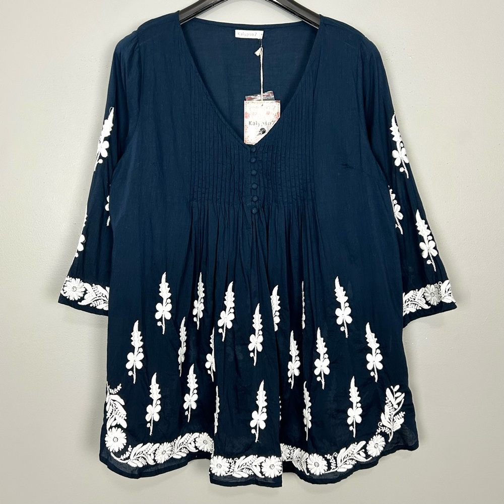 Kalypso7 Embroidered Cotton Tunic Top Women’s Size M Pkeated V-Neck Boho Peasant